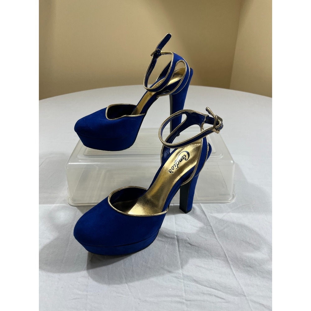 Candie's Royal Blue Platform Heels Women's 8M Gold Trim Ankle Strap